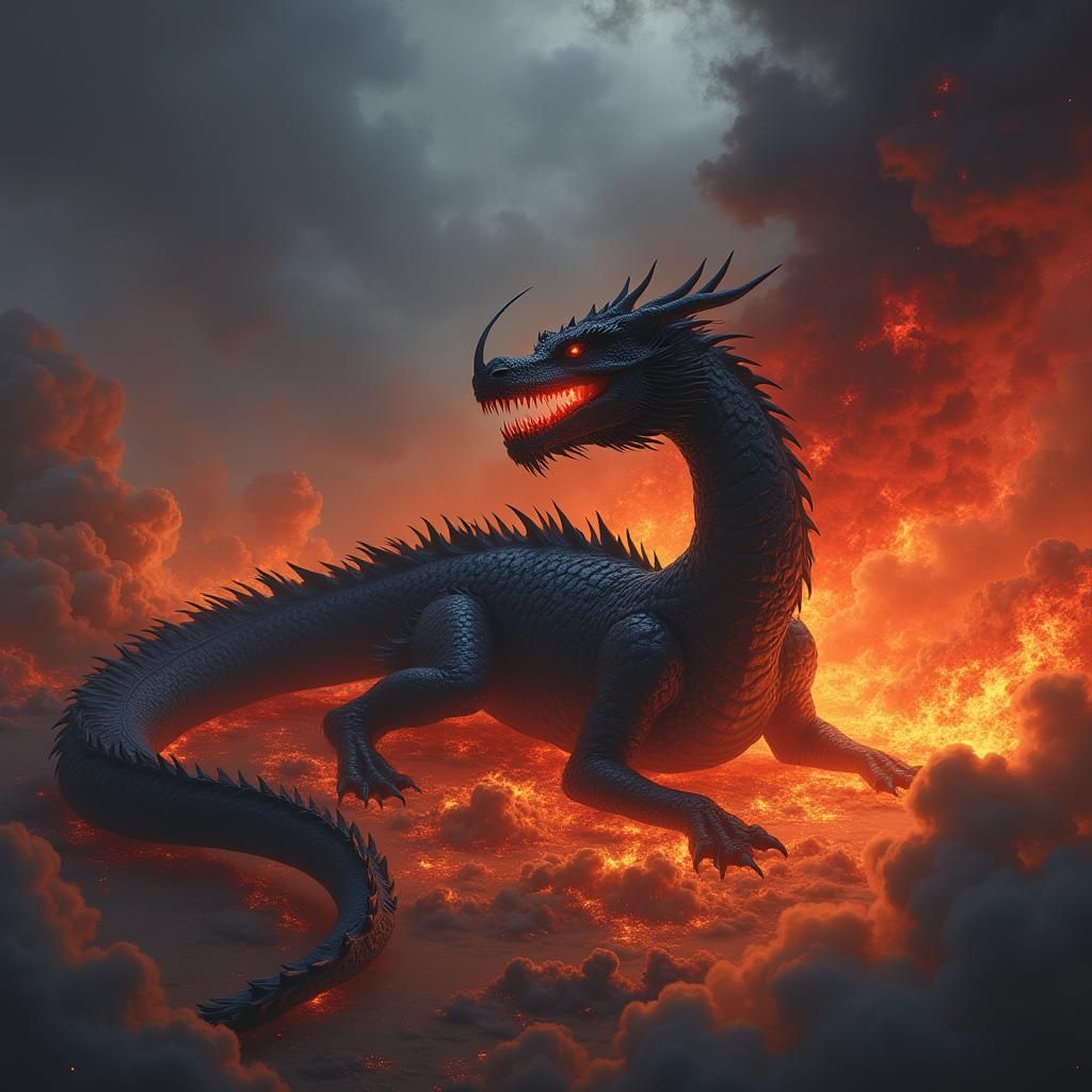 Majestic Dragon in Fiery Storm, Digital Painting