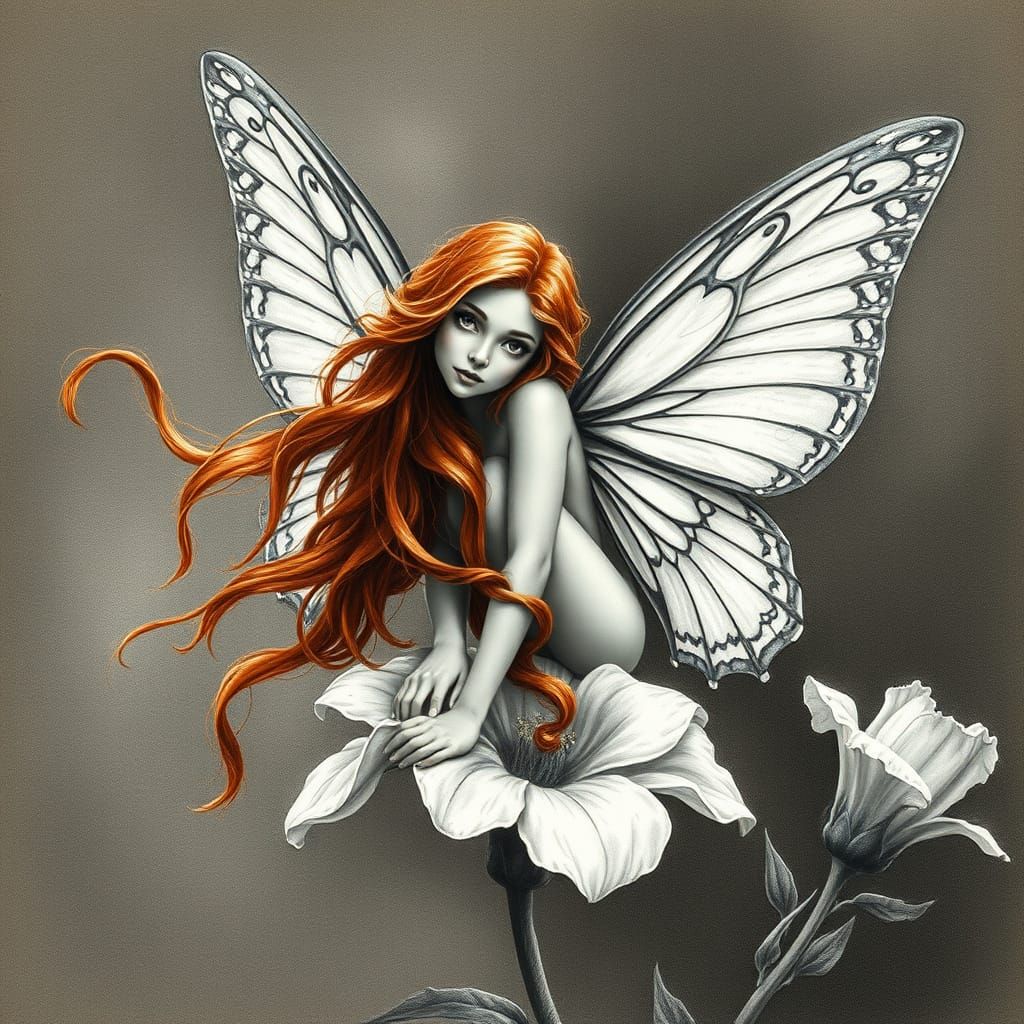 Charcoal Drawing of Butterfly Fairy with Red Hair