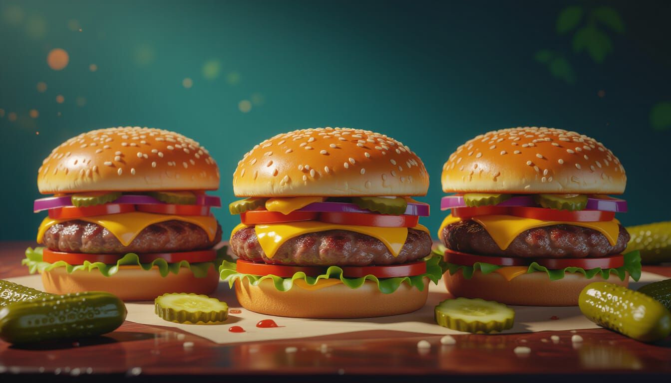 Burger Feast Amidst a Pickle Avalanche