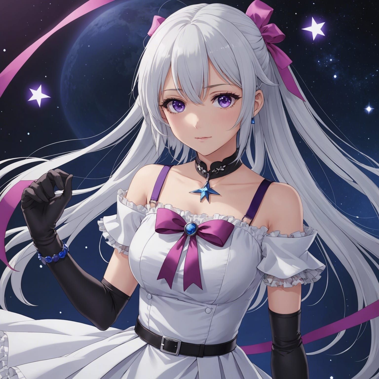 Anime Girl with White Hair and Star Eyes
