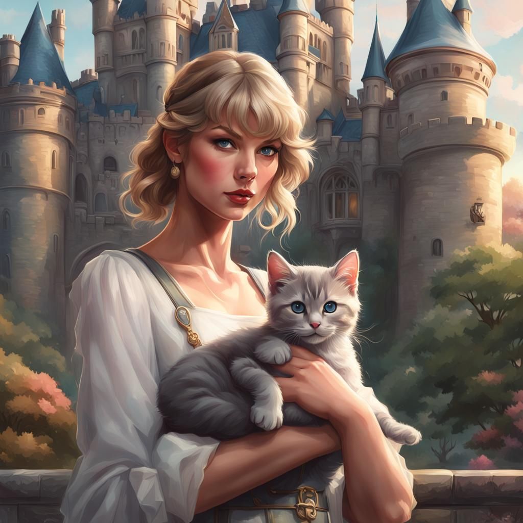 Taylor Swift Portrait with Kitten, Detailed Art Style