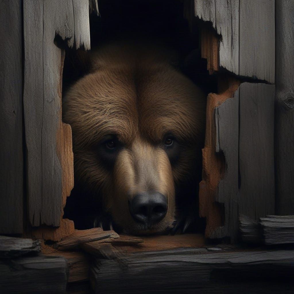 Kodiak Bear Peeking Through Wooden Wall