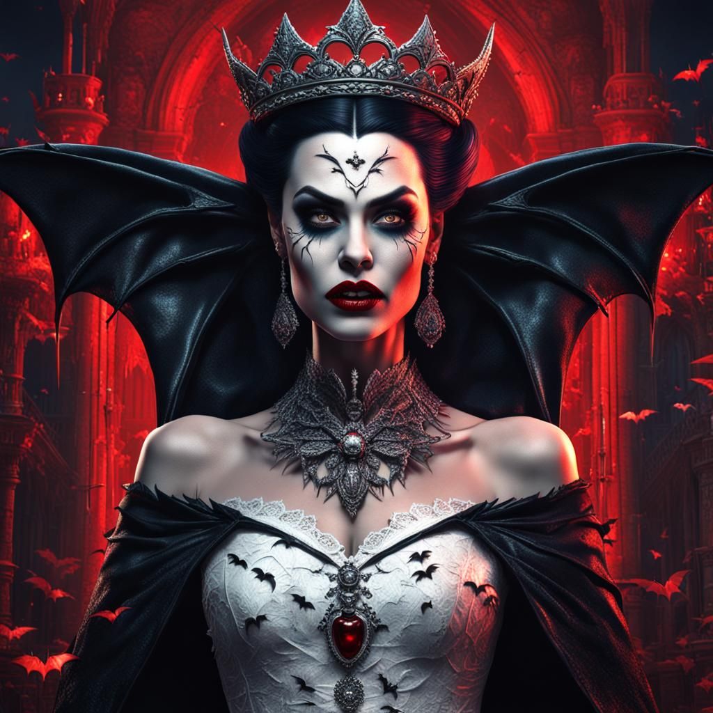 Stunningly fang showing beautiful evil queen of the Vampires in bloody white gown with vampire fangs with bats flying ov...