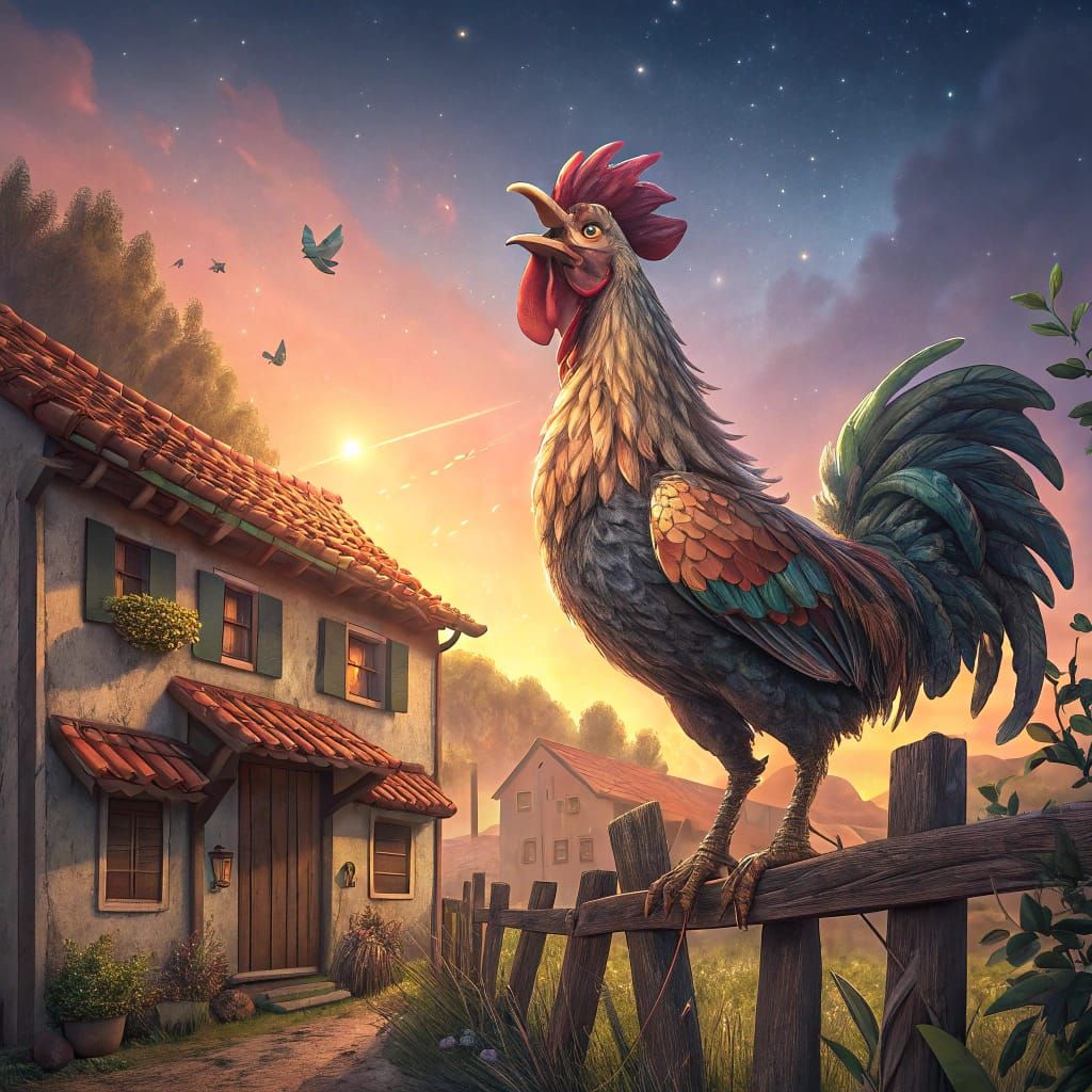 Rooster Crowing at Dawn: 3D Rendered Pixar Style