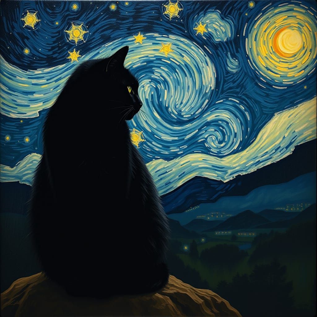 A Romantic Night Scene with a Majestic Black Cat