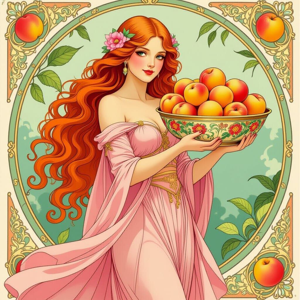Goddess of Peaches in Art Nouveau Style