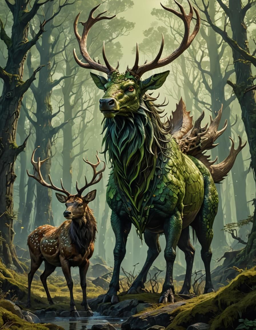Dragon Elk Hybrid Creature in Fantasy Art Style