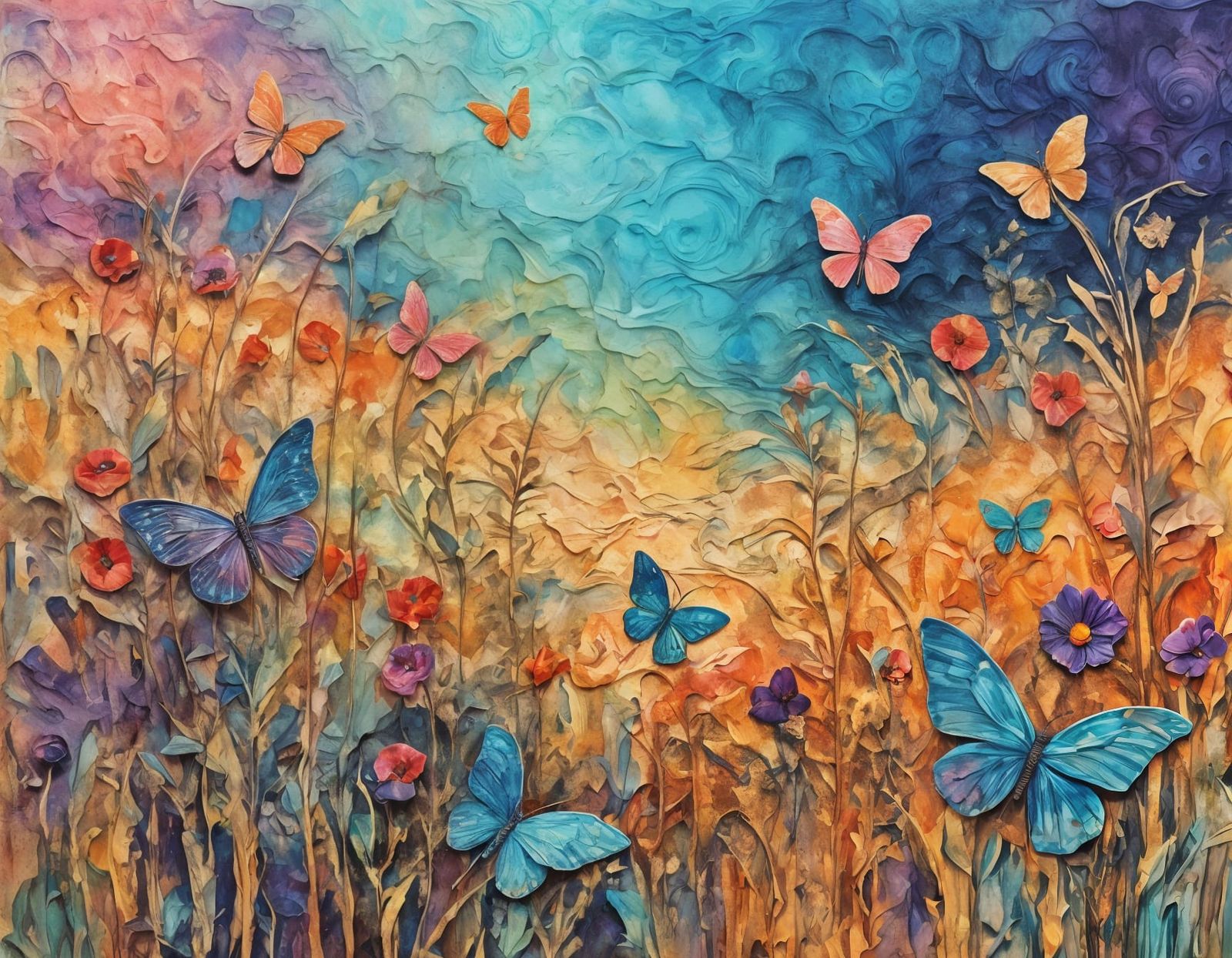 Surreal Summer Twilight with Folk Art Butterflies in Vibrant...