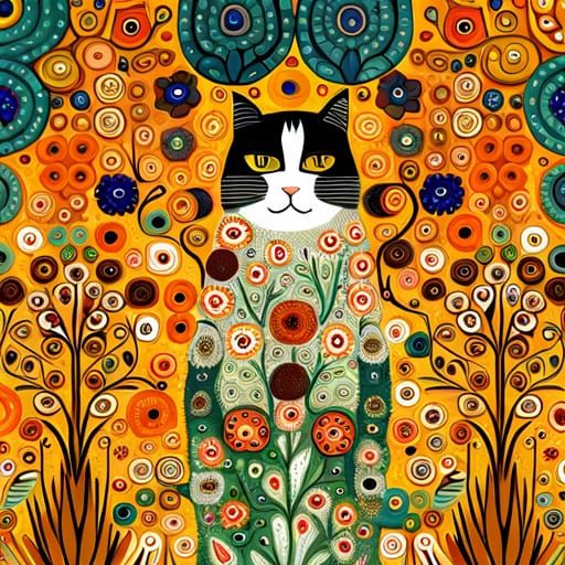 Boho Cat in Art Nouveau Style