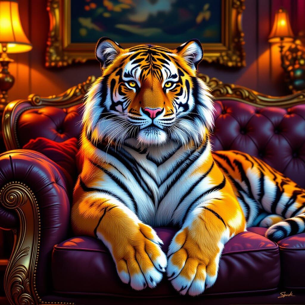Rainbow Tiger on Plush Couch in Digital Art Style