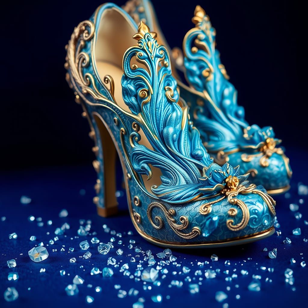 Ornate Blue and Gold High-Heeled Shoes