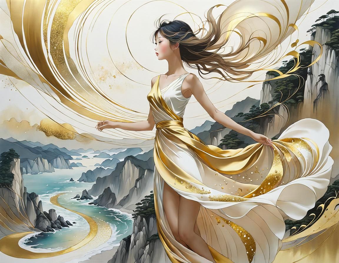 Golden Dress Flowing in Wind, Minimalist Abstract