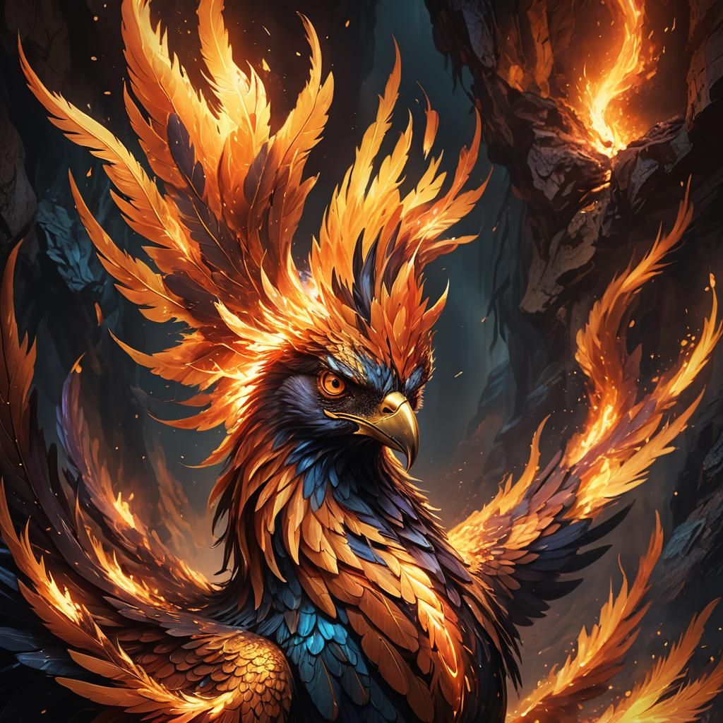 Phoenix Soaring in Mystical Cave: Digital Art