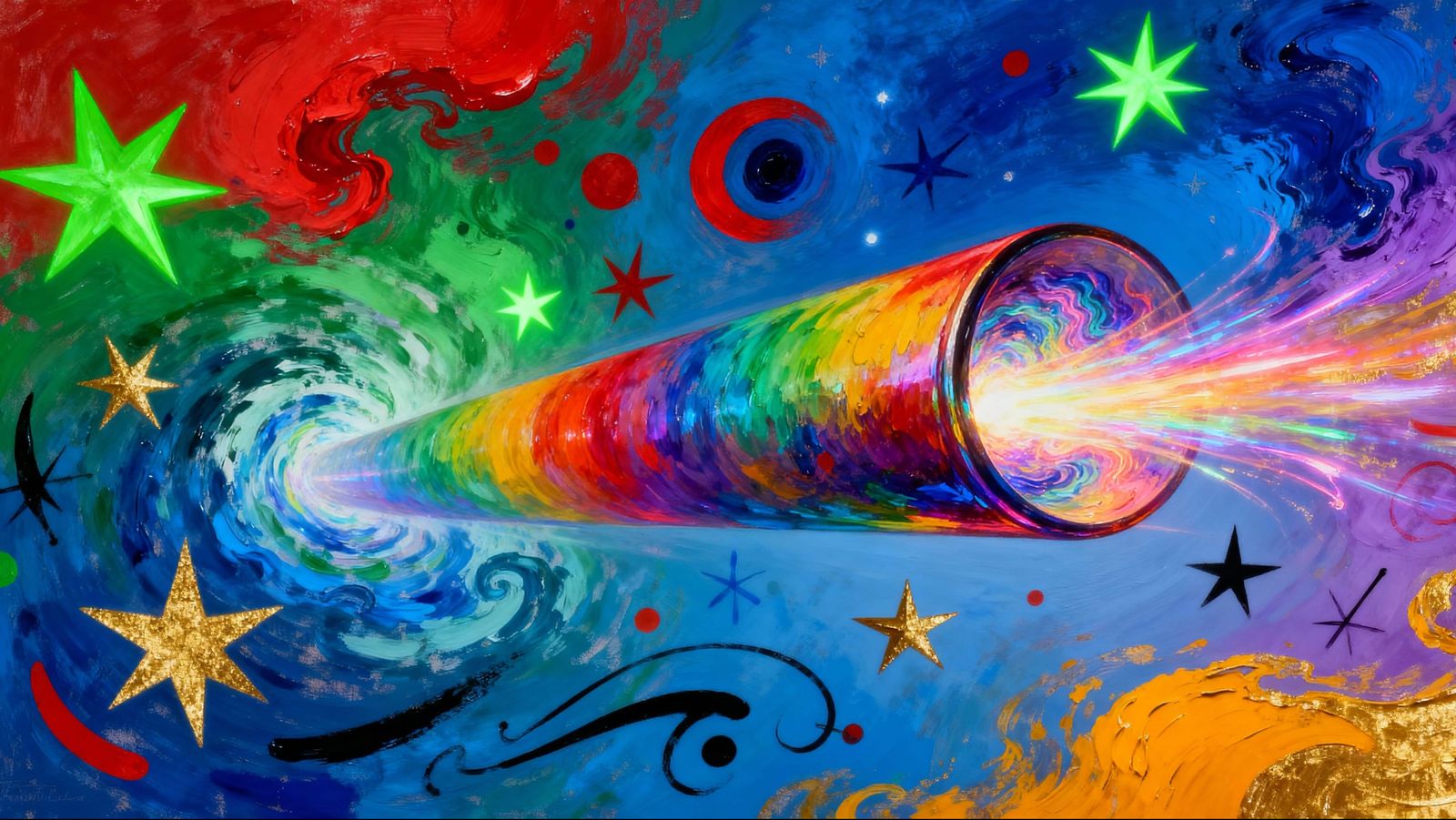 Dreamlike Rainbow Cylinder Exhaling Paint and Plasma