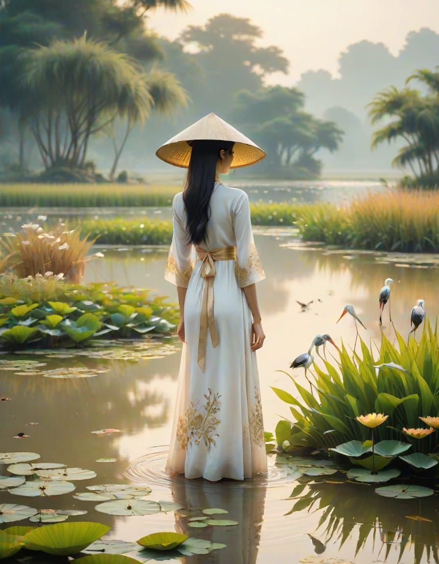 Vietnamese Woman in Traditional Attire Stands Beside Tranqui...