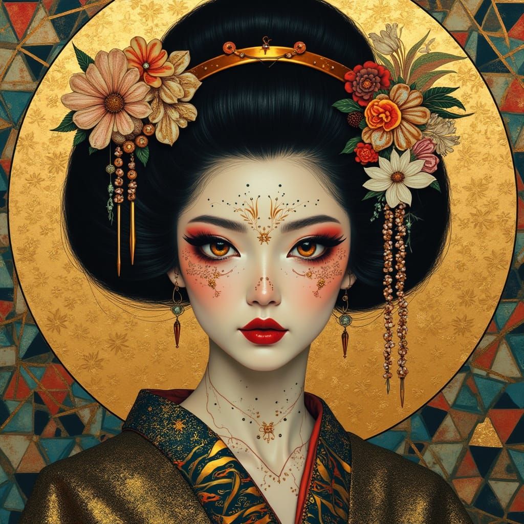 Cyberpunk Geisha in Art Nouveau Style