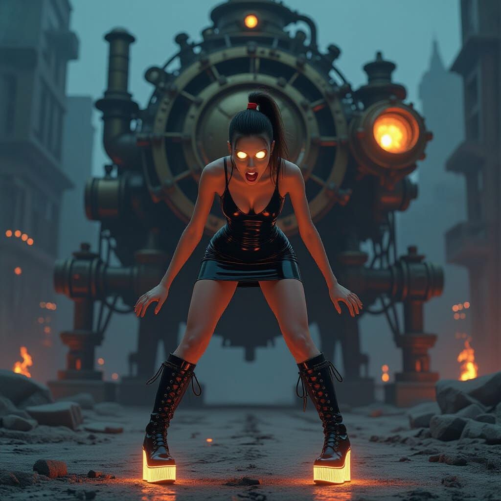 Frightened Woman Before Steampunk Engine in Future City