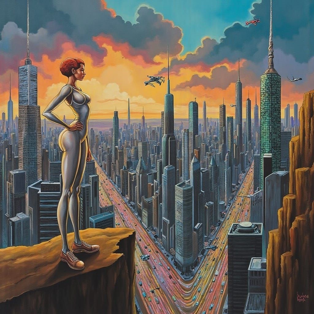 Cyberpunk Goddess Empowers Futuristic Metropolis at Dusk
