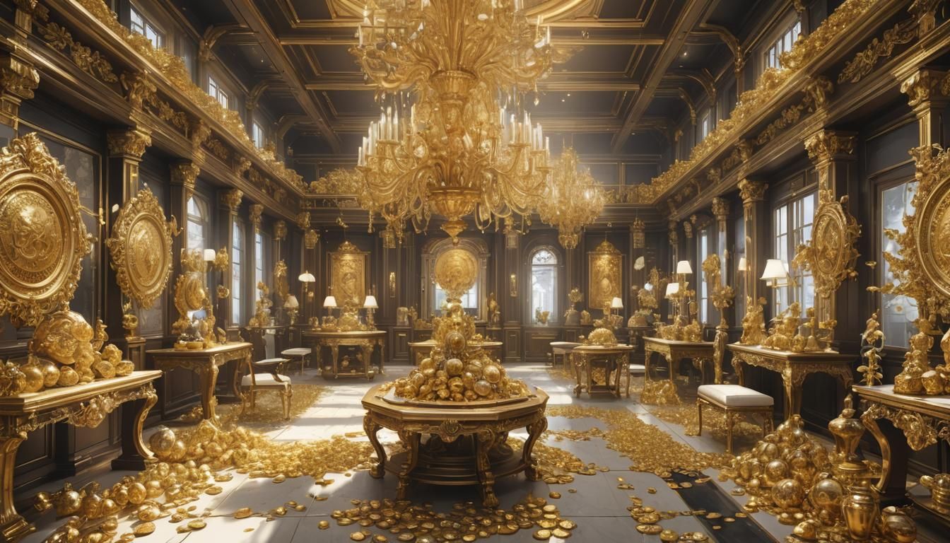 Opulent Hall Filled with Gold and Riches: 3D Anime Art