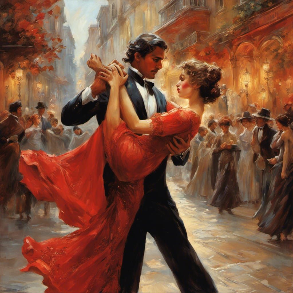 Passionate Tango Dancers in Ornate Red Dress