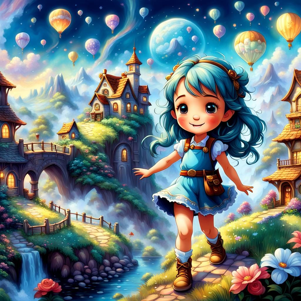 Detailed Chibi Character with Fantasy Views
