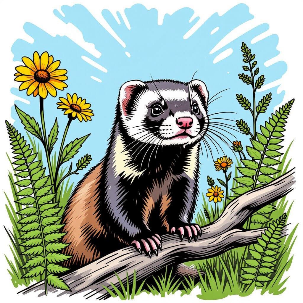 Ferret Sketch Amidst Wildflowers in Grey Grunge Style