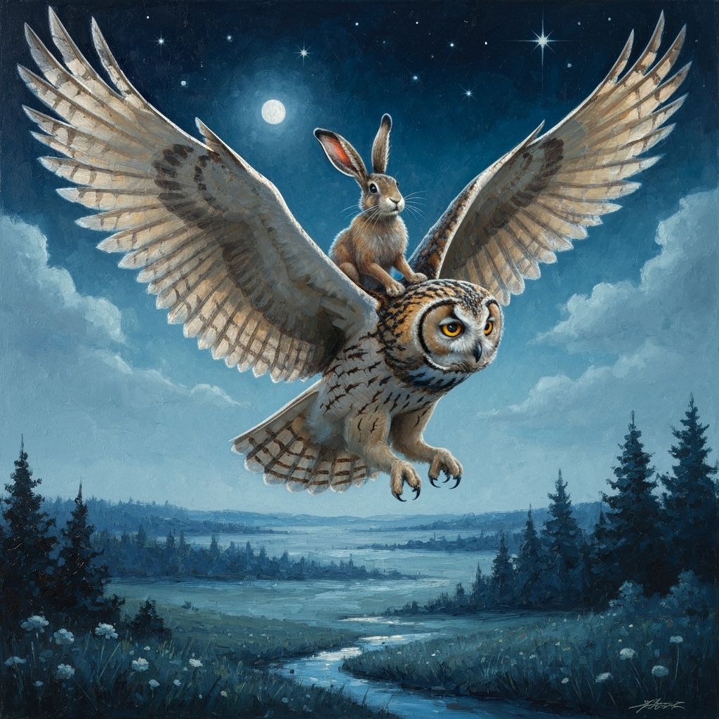 Owl Carries Hare in Moonlight Oil Painting