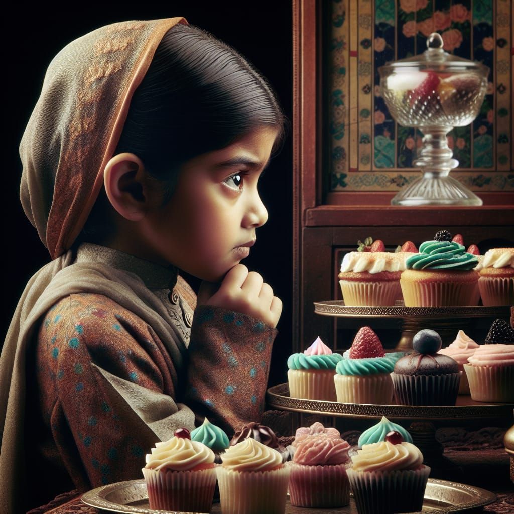 Girl in 1930s Clothes Gazing at Cupcakes