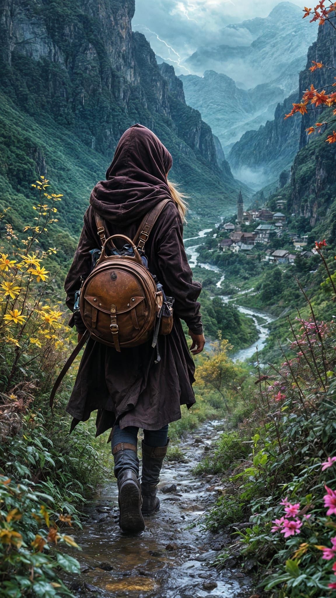 Traveler on Overgrown Path in Fairytale Style