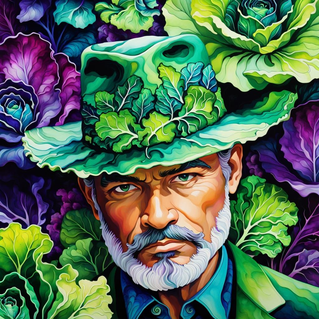 Man in Lettuce & Cabbage Berra, Vibrant Alcohol Ink Art