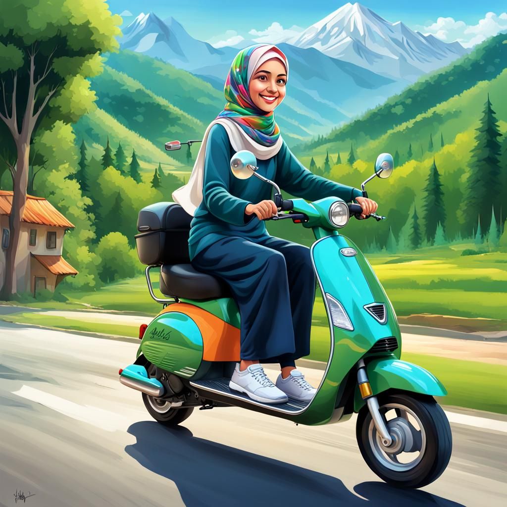 Woman on Scooter: Hyperrealistic Caricature Image