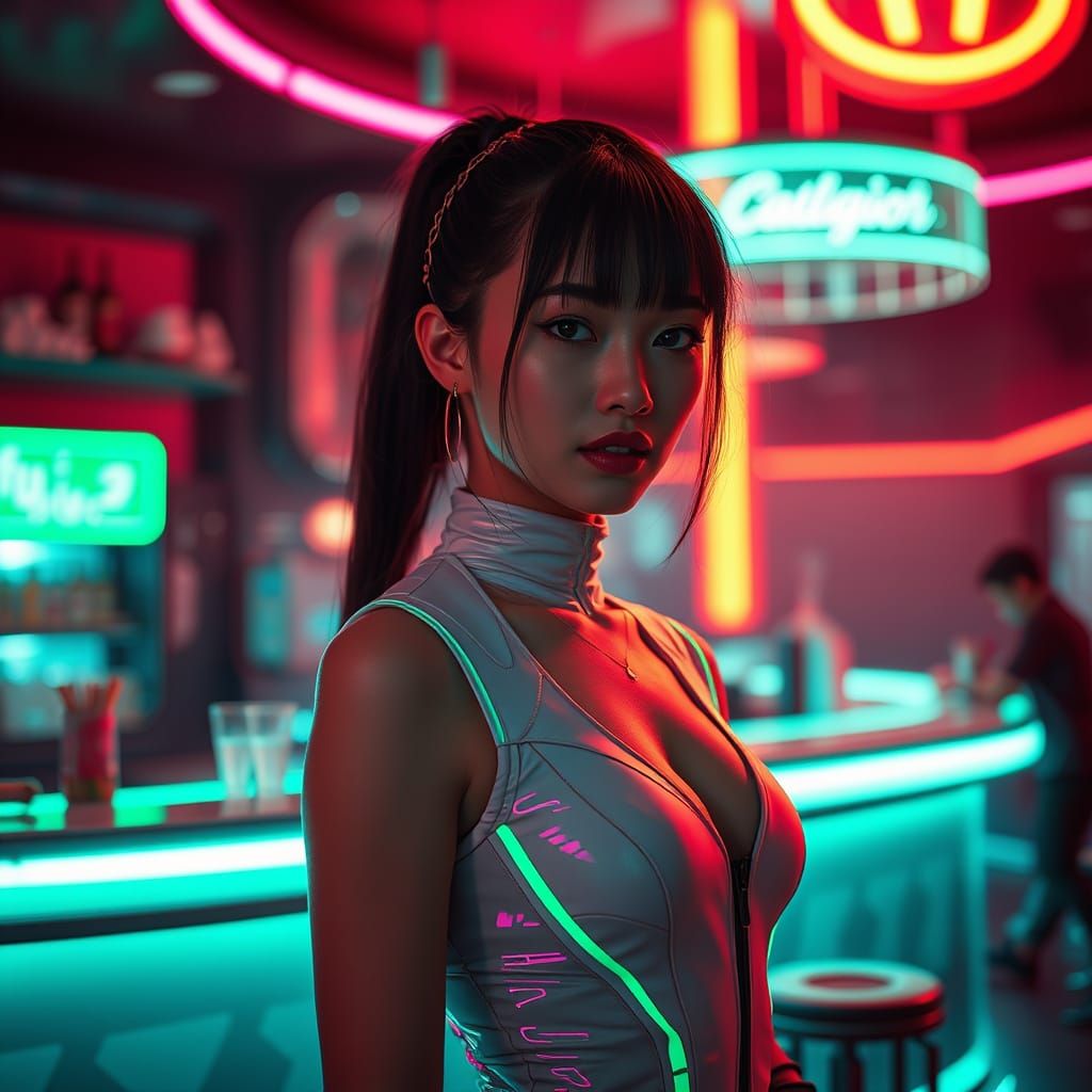 Futuristic Woman in Sci-Fi Bar: Hyper-Realistic Style