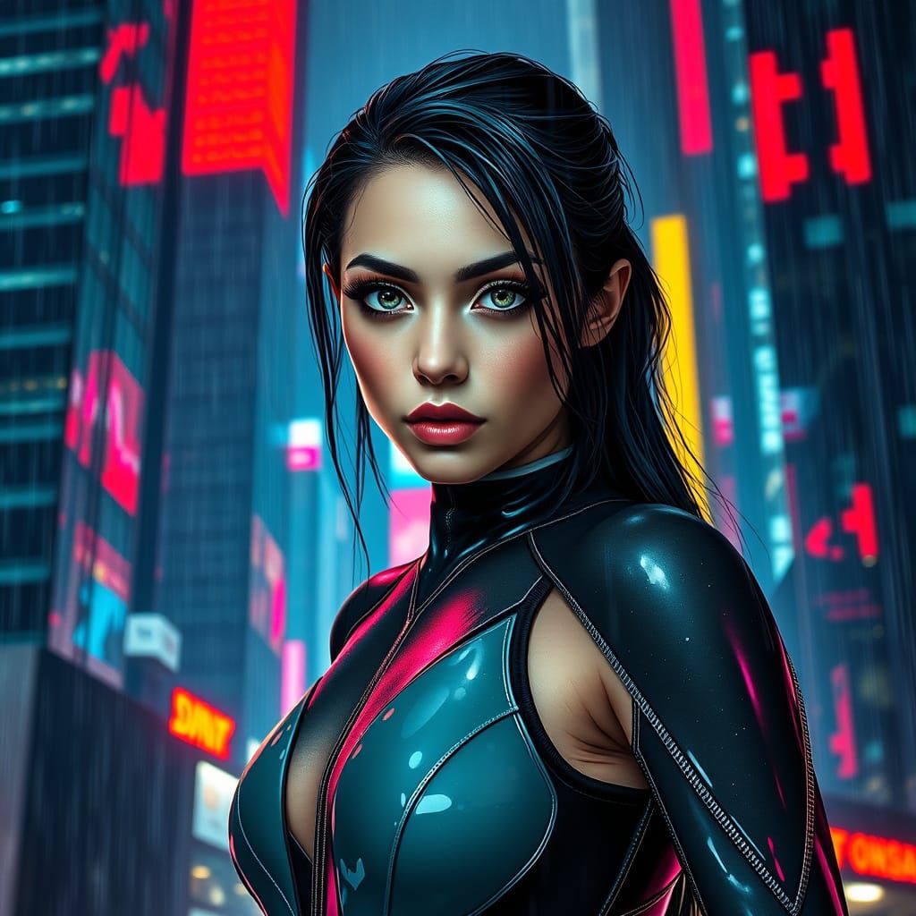 Cyberpunk Woman in Rainy Cityscape at Night