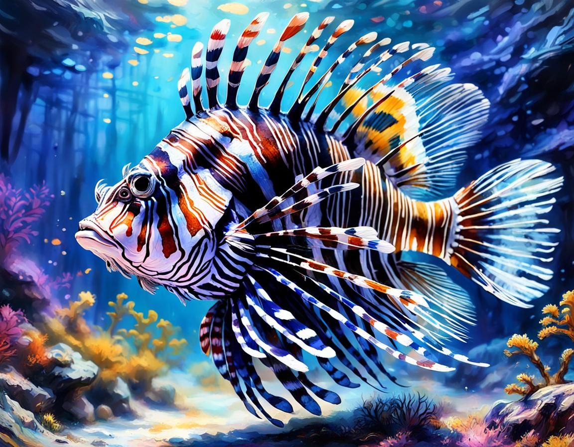 magnificent lion fish, indigo ink, insanely detailed, beauti...