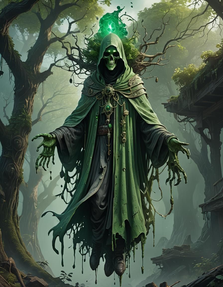 a green ghoast with a skaloton head with a scrap of cloathing it floats DECENTLY above the ground