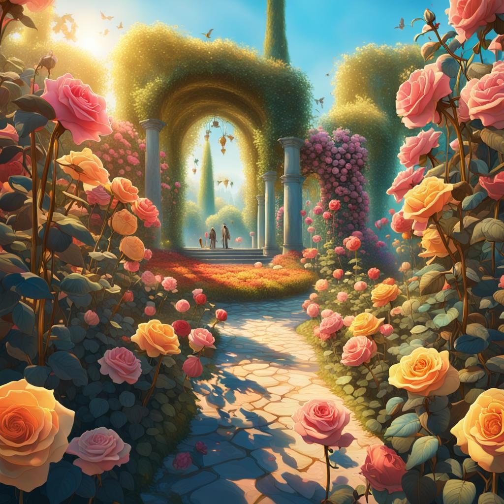 Rose Garden: Surreal Fantasy Art Nouveau Painting