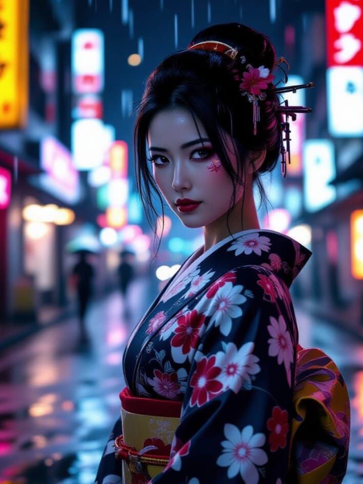 Cyberpunk Kunoichi in Rain-Soaked Neon Cityscape