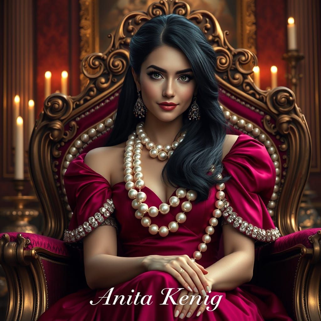 Woman in Luxurious Pearl-Encrusted Chair with Maroon Dress a...