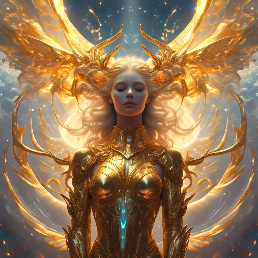 Celestial Gold Being with Wings and Stars