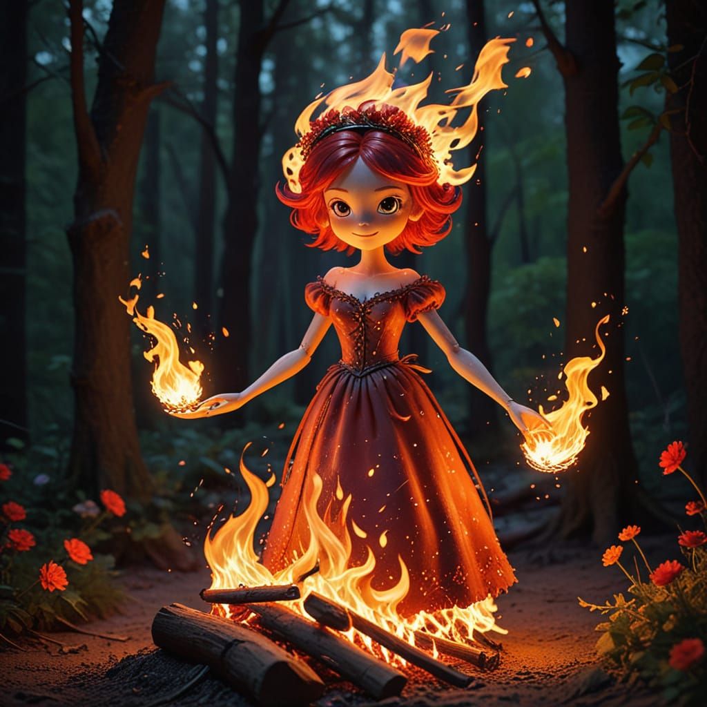 Whimsical Fire Sprite Dances with Campfire Flowers