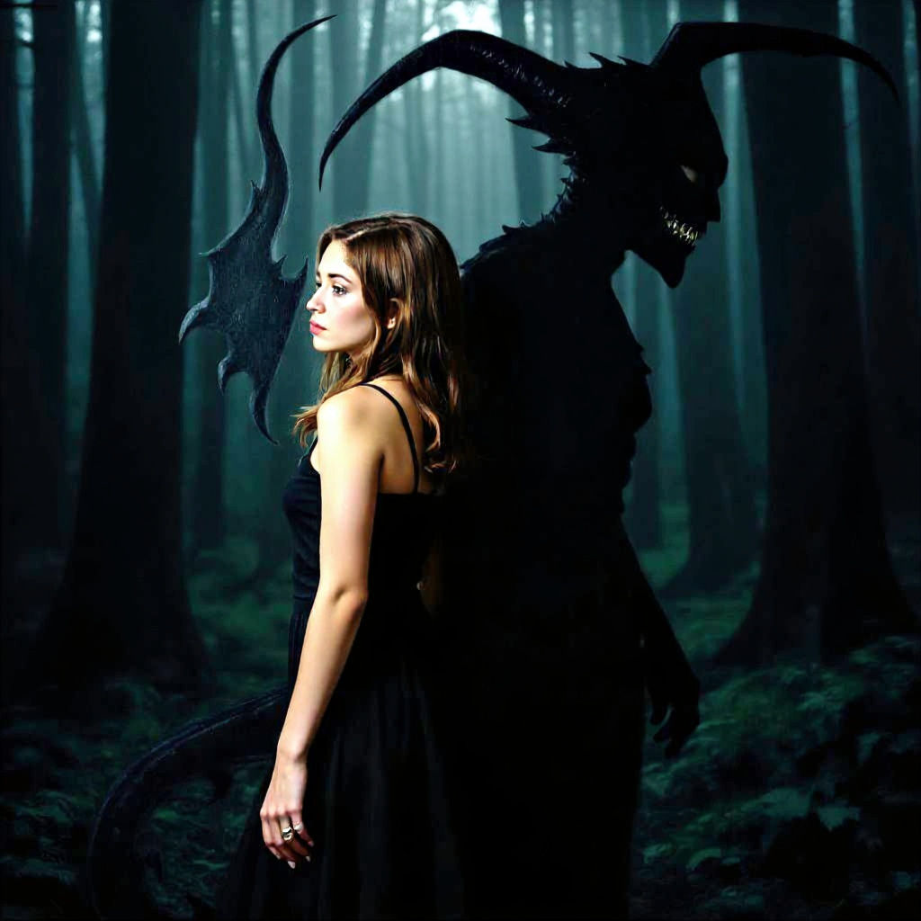 Young Woman and Shadow Monster in Oil Painting