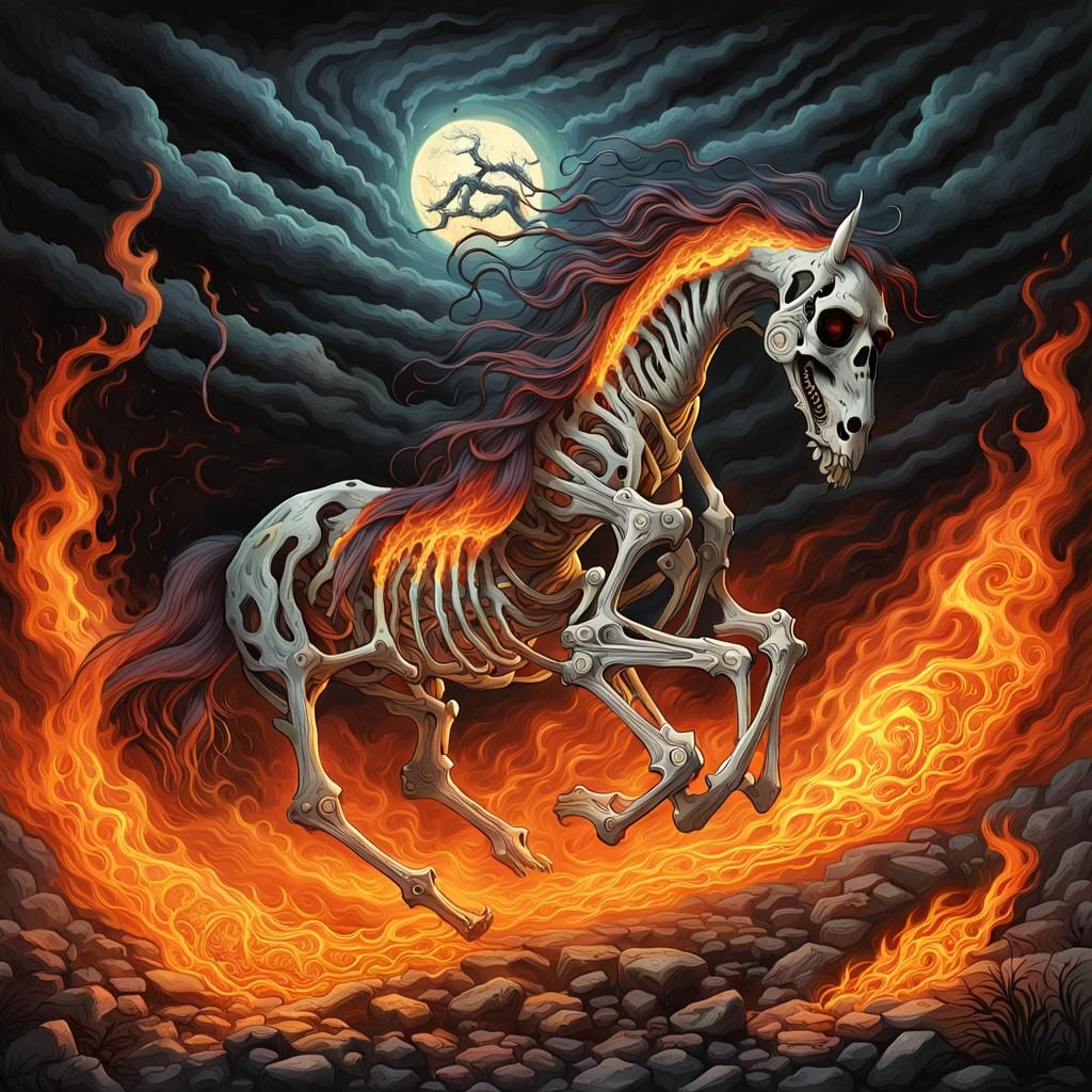 Flaming Skeletal Horse Galloping at Night