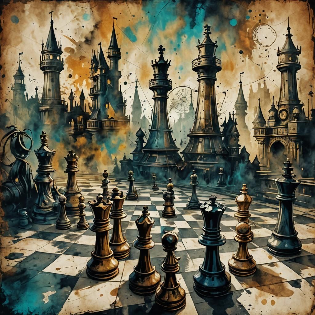 Steampunk Chess in Modern Ink Painting Style
