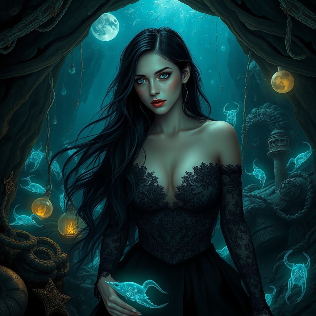 Underwater Gothic Seductress in Bioluminescent Cave
