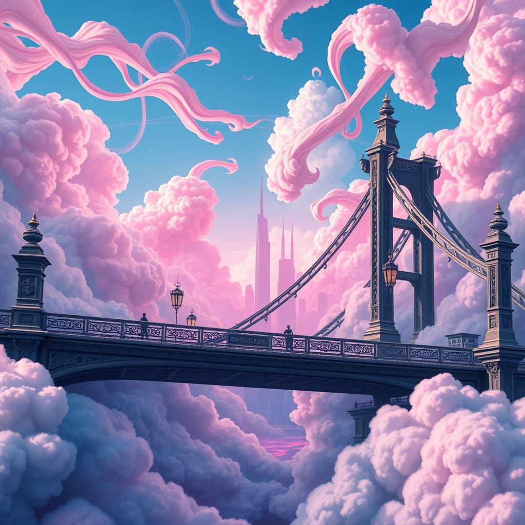 Majestic Bridge Glides Through Cotton Candy Clouds to Futuri...
