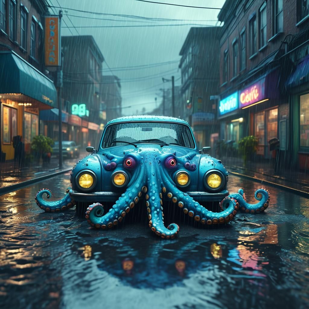 Psychedelic Octopus Car Navigating Rainy Cityscape