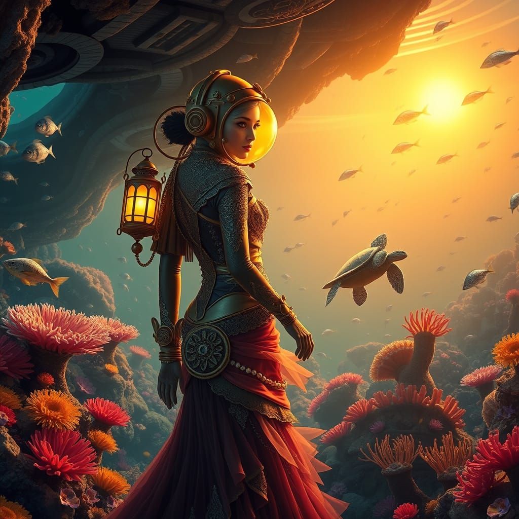 Steampunk Mermaid Explores a Vibrant Coral Reef in a Star Tr...