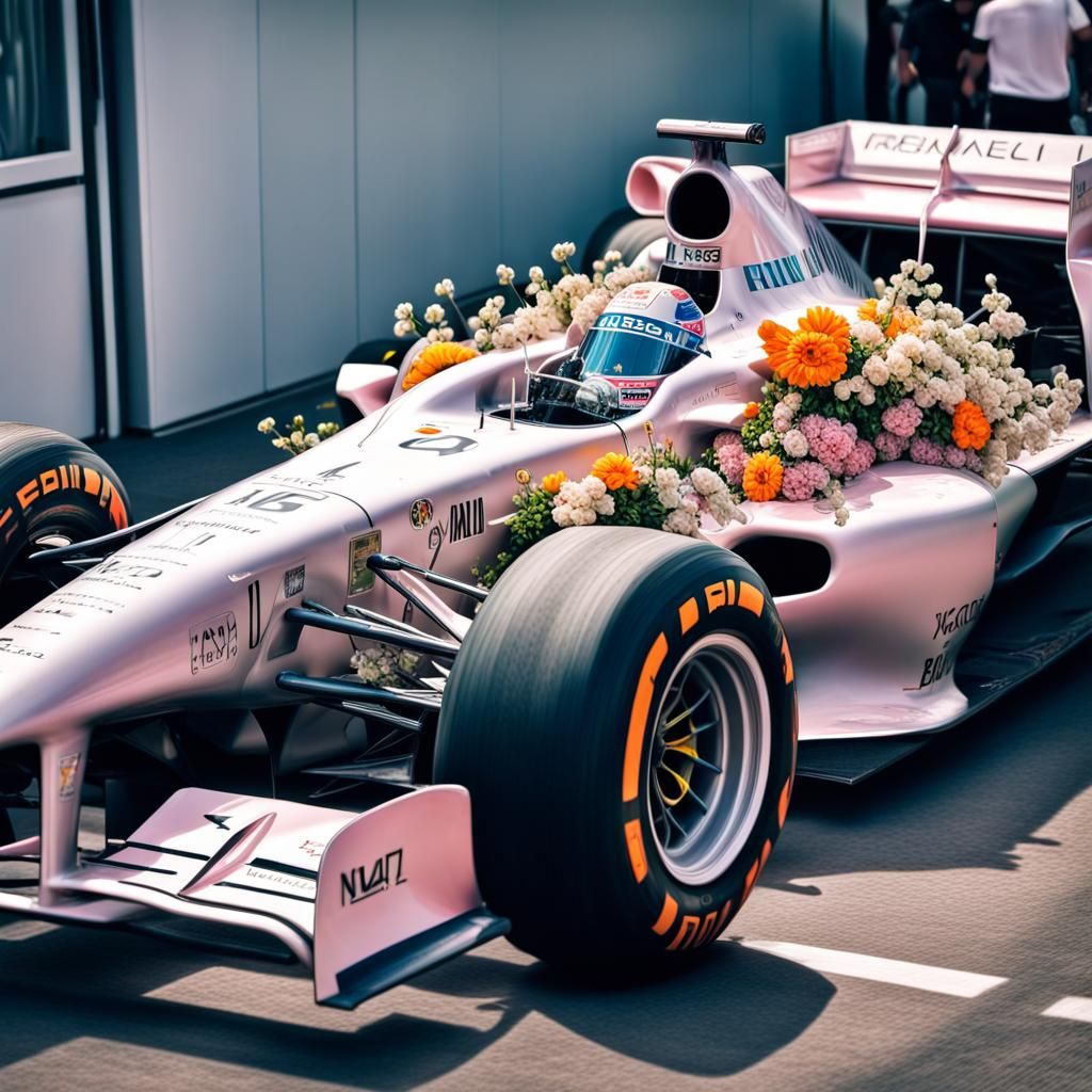 Floral Overgrowth on Formula 1 Car in Pastel Colors