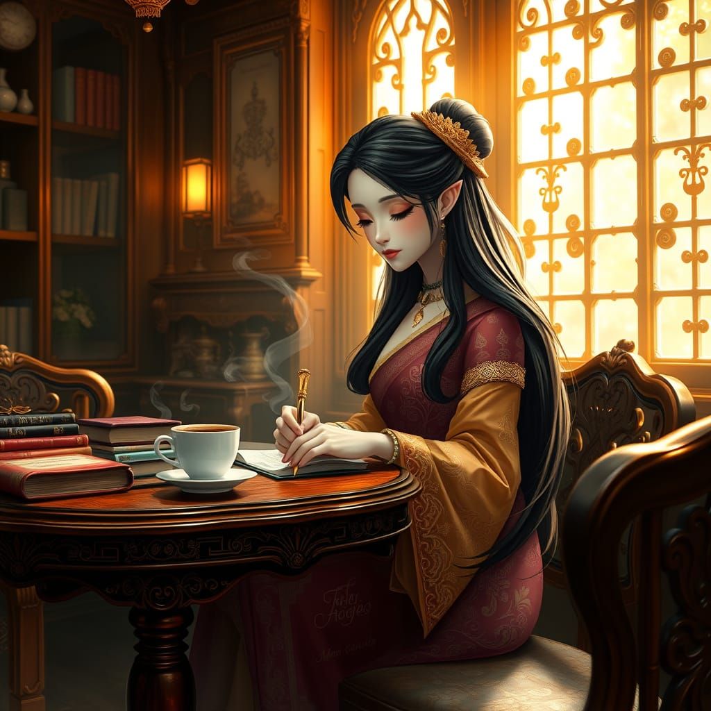 Elegant Thai Coffee Shop Scene in Whimsical, Neo-Impressioni...