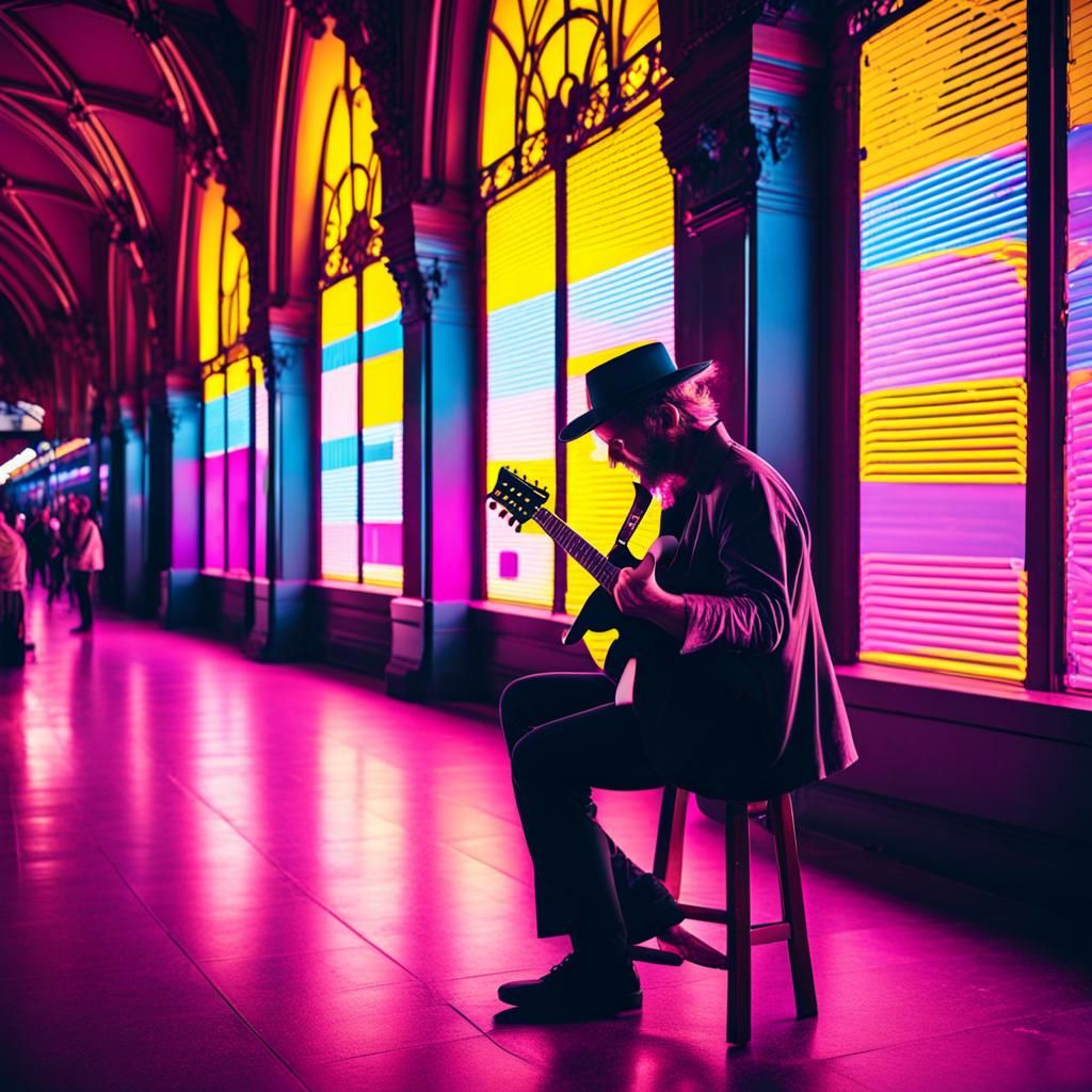 Guitarist at Flinders Street: Synthwave Neon Art